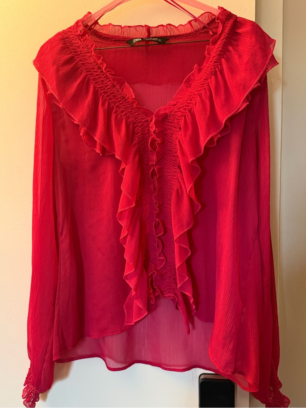 Zara Ruffled Sheer Blouse - Bright Pink